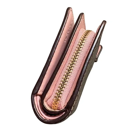 Coach Medium Corner Zip Wallet Signature Canvas Khaki Pink - Picture 4 of 12